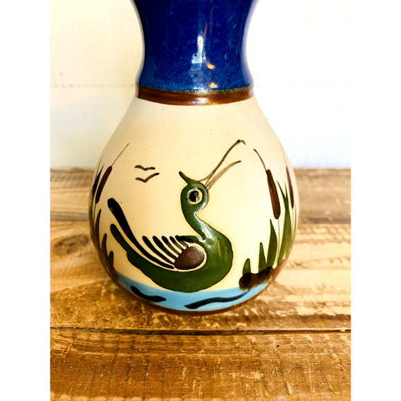 Vintage Hand Painted Stoneware Tonala Mexican Folk Pottery Vase Bird Cattails - Picture 2 of 9